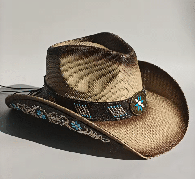 Chapeau cowboy blanc motifs turquoise (2)