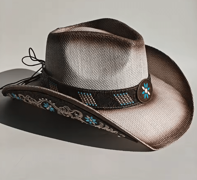 Chapeau cowboy blanc motifs turquoise (3)