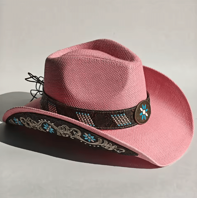 Chapeau cowboy blanc motifs turquoise (8)