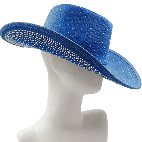 Chapeau cowboy bleu à strass large bord (1)