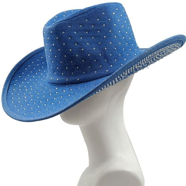 Chapeau cowboy bleu à strass large bord (2)
