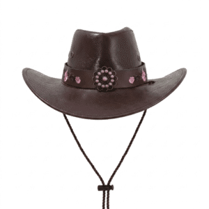 Chapeau cowboy femme cuir synthétique marron perles roses floral