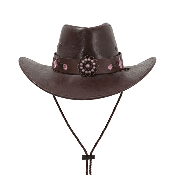 Chapeau cowboy cuir synthétique marron perles roses floral