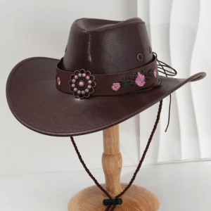 Chapeau cowboy femme cuir synthétique marron perles roses floral