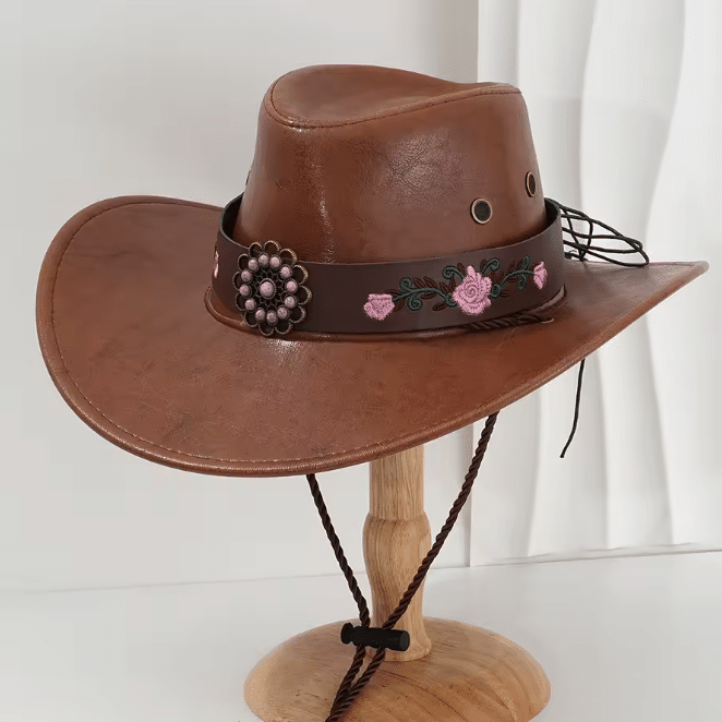 Chapeau cowboy cuir vegan brodé – Rose (4)