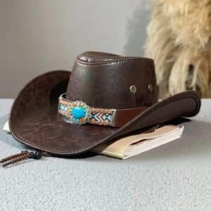 Chapeau cowboy cuir synthétique bandeau turquoise