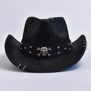 Chapeau cowboy noir simili cuir effet vieilli bandeau tête de mort