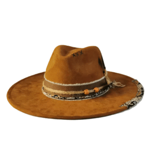Chapeau cowboy effet daim marron avec corde et perles