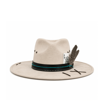 Chapeau cowboy feutre large bord vintage avec plume et carte