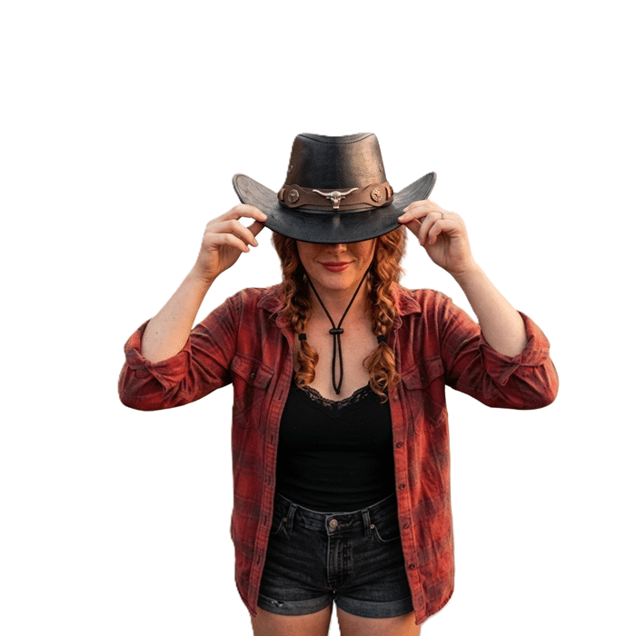 Chapeau cowboy noir en simili cuir bandeau large taureau