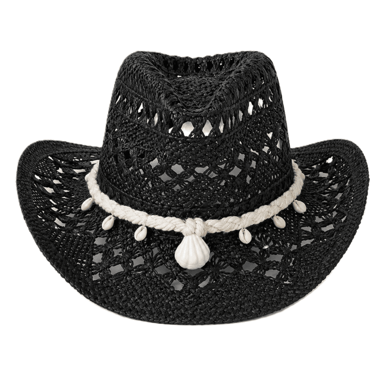 Chapeau cowboy paille ajouré corde tressé coquillage (2)