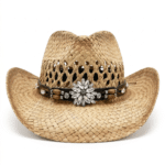 Chapeau cowboy paille ajourée large bord bandeau floral