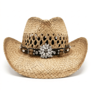 Chapeau cowboy paille ajourée large bord bandeau floral