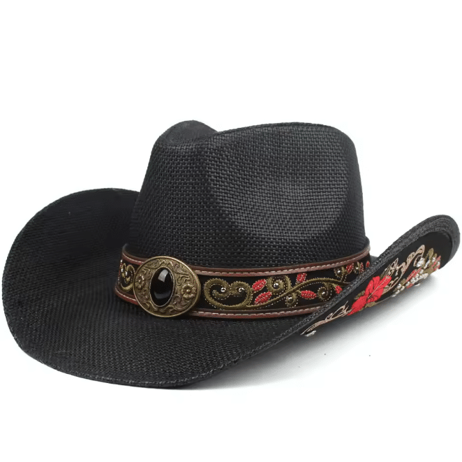 Chapeau cowboy paille beige effet vieilli broderie florale (2)