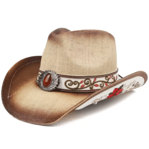 Chapeau cowboy paille beige effet vieilli broderie florale