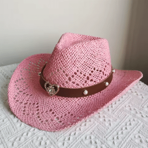 Chapeau cowboy paille rose bandeau cœur