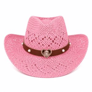 Chapeau cowboy paille rose bandeau cœur