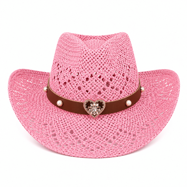 Chapeau cowboy paille rose bandeau cœur (2)