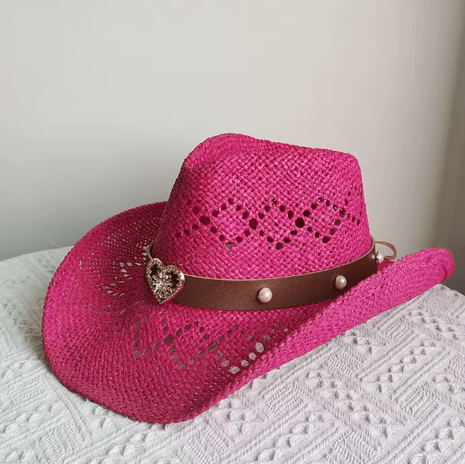 Chapeau cowboy paille rose bandeau cœur (2)