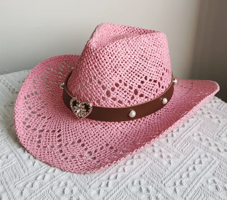 Chapeau cowboy paille rose bandeau cœur (3)