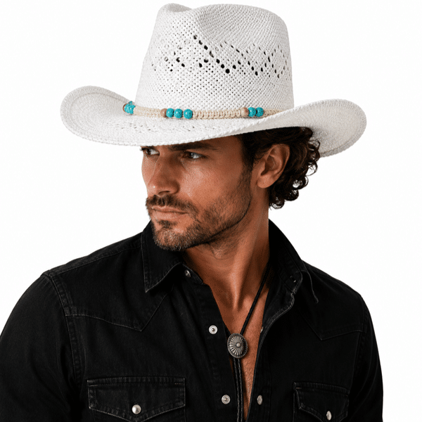 Chapeau cowboy rose corde tressé et perles t (1)