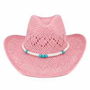 Chapeau cowboy rose corde tressé et perles turquoises