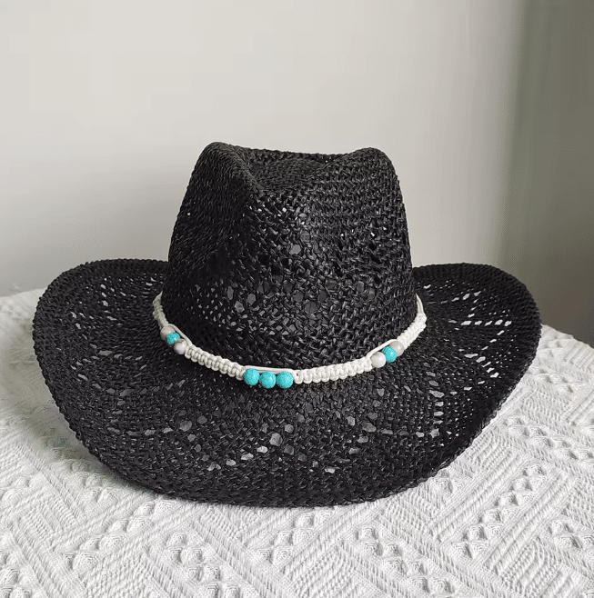 Chapeau cowboy rose corde tressé et perles t (5)