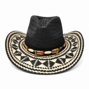 Chapeau western à motif noir et blanc bande perlée