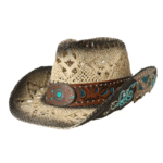 Chapeau western paille effet vieilli bandeau turquoise (1)
