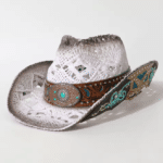 Chapeau western paille effet vieilli bandeau turquoise (2)