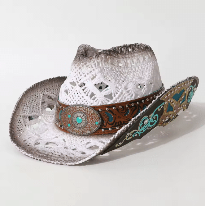 Chapeau western paille effet vieilli bandeau turquoise (2)