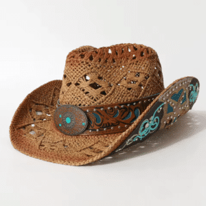 Chapeau western paille effet vieilli bandeau turquoise