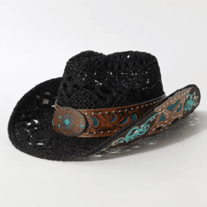Chapeau western paille effet vieilli bandeau turquoise