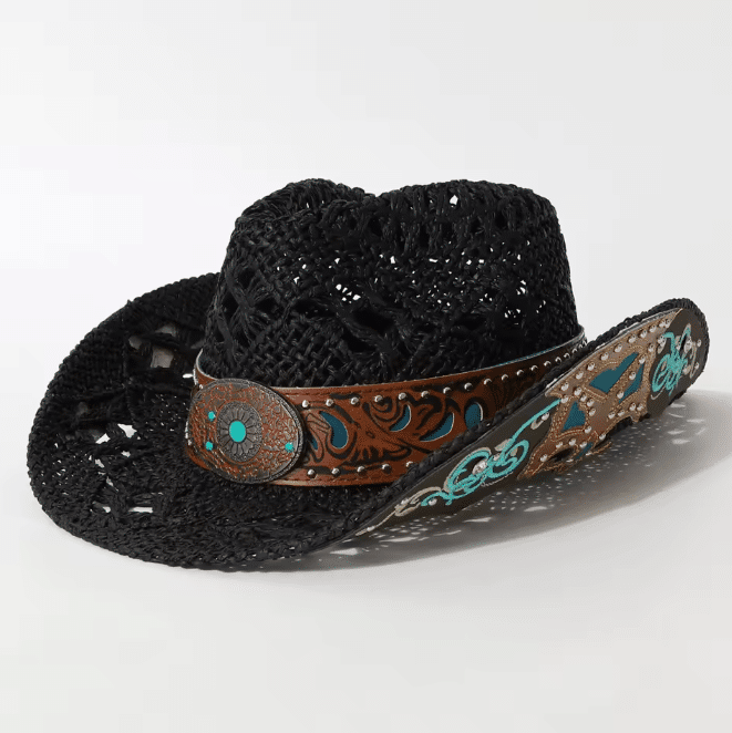 Chapeau western paille effet vieilli bandeau turquoise (4)