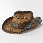 Chapeau western paille effet vieilli bandeau turquoise (5)