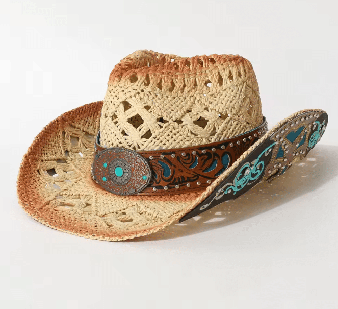 Chapeau western paille effet vieilli bandeau turquoise (6)