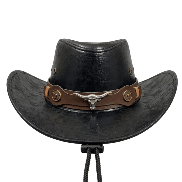 Chapeau cowboy cuir vegan noir tête de taureau2(1)
