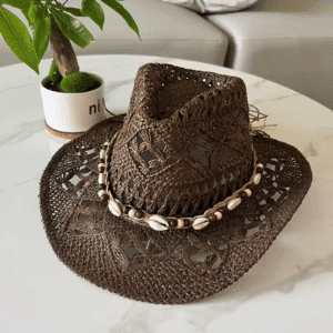 Chapeau cowboy paille ajouré corde coquillage