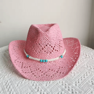 Chapeau cowboy rose corde tressé et perles turquoises