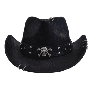 Chapeau cowboy noir simili cuir effet vieilli bandeau tête de mort
