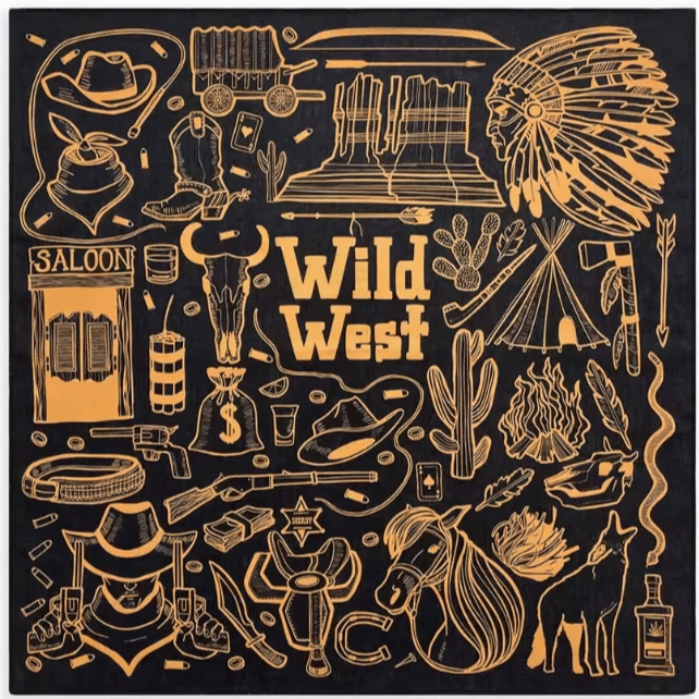 Foulard cowboy motif Wild West vintage noir et doré