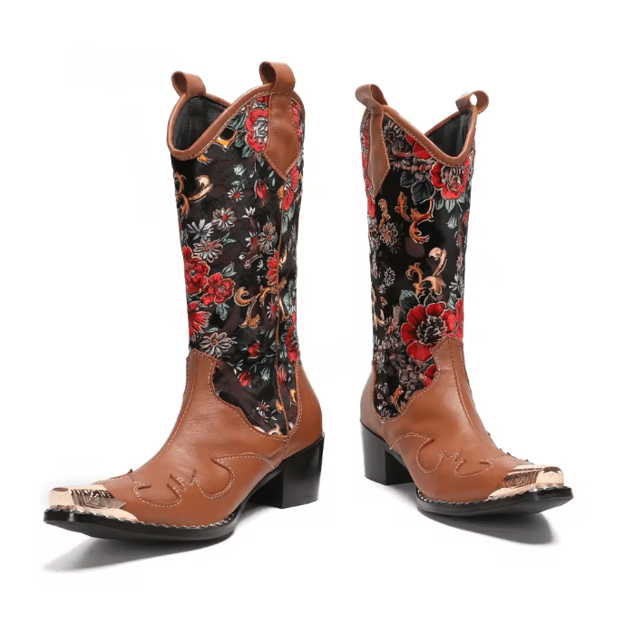 Bottes western homme cuir brodé floral embout métallique (2)