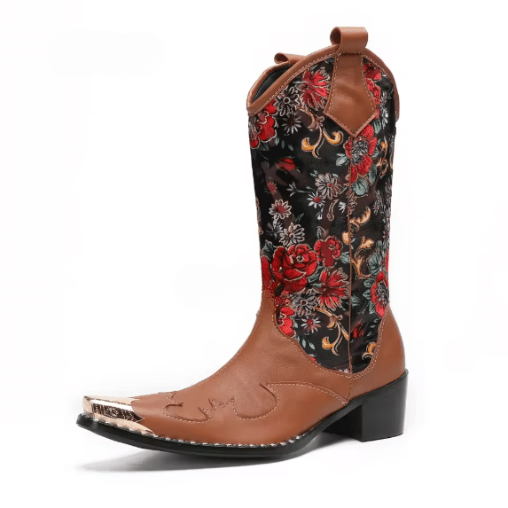 Bottes western homme cuir brodé floral embout métallique (6)