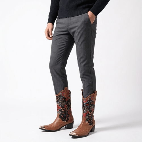 Bottes western homme cuir brodé floral embout métallique (7)