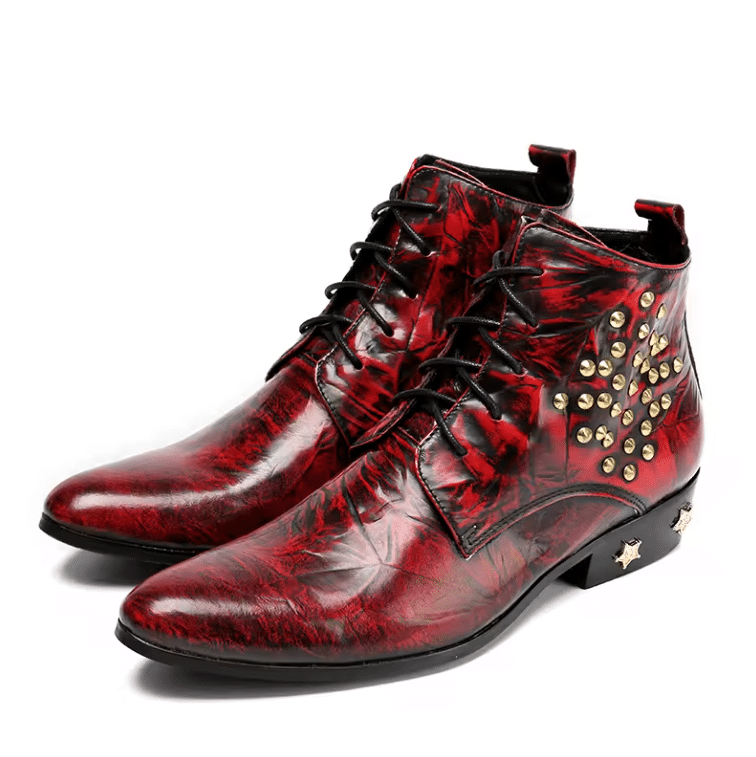 Bottines cowboy homme cuir rouge cloutée (2)