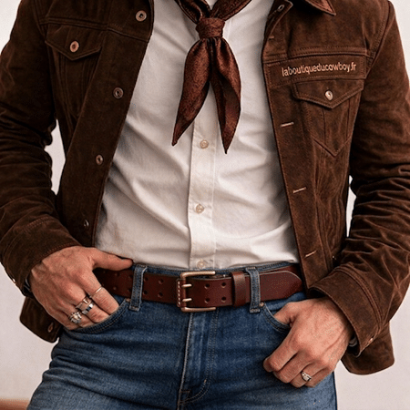 Ceinture cowboy cuir bordeaux double ardillon. Robuste, maintien renforcé, boucle laiton vintage, idéale pour un style western durable et authentique (4)