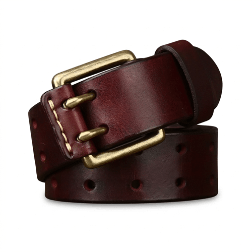 Ceinture cowboy cuir bordeaux double ardillon. Robuste, maintien renforcé, boucle laiton vintage, idéale pour un style western durable et authentique (5)