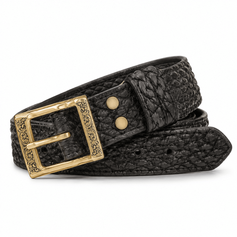 Ceinture cowboy en cuir épais noir faite main boucle dorée (1)