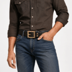 Ceinture cowboy en cuir épais noir faite main boucle dorée (2)