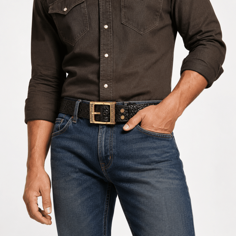 Ceinture cowboy en cuir épais noir faite main boucle dorée (2)